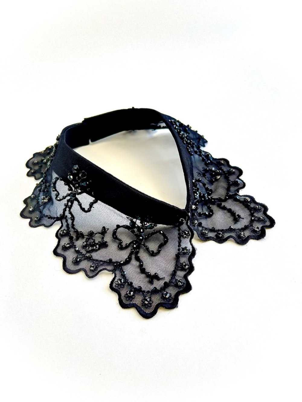 Black Beaded Lace Detachable Collar - Floral Embroidery Rhinestones